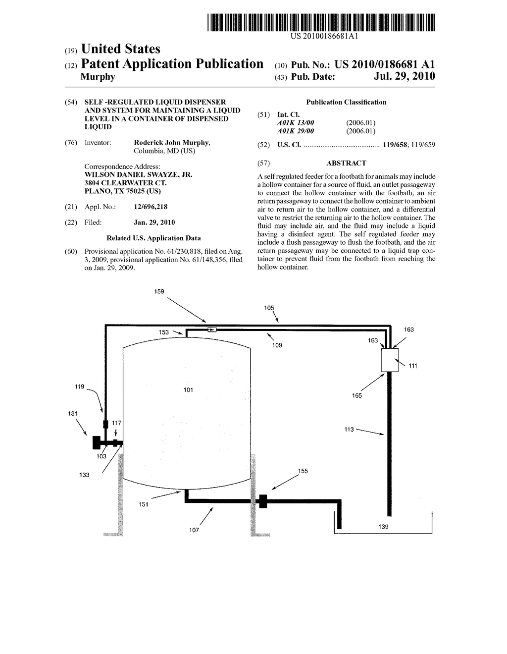 Self -regulated liquid dispenser and system for maintaining a liquid level in a container of dispensed liquid - diagram, schematic, and image 01