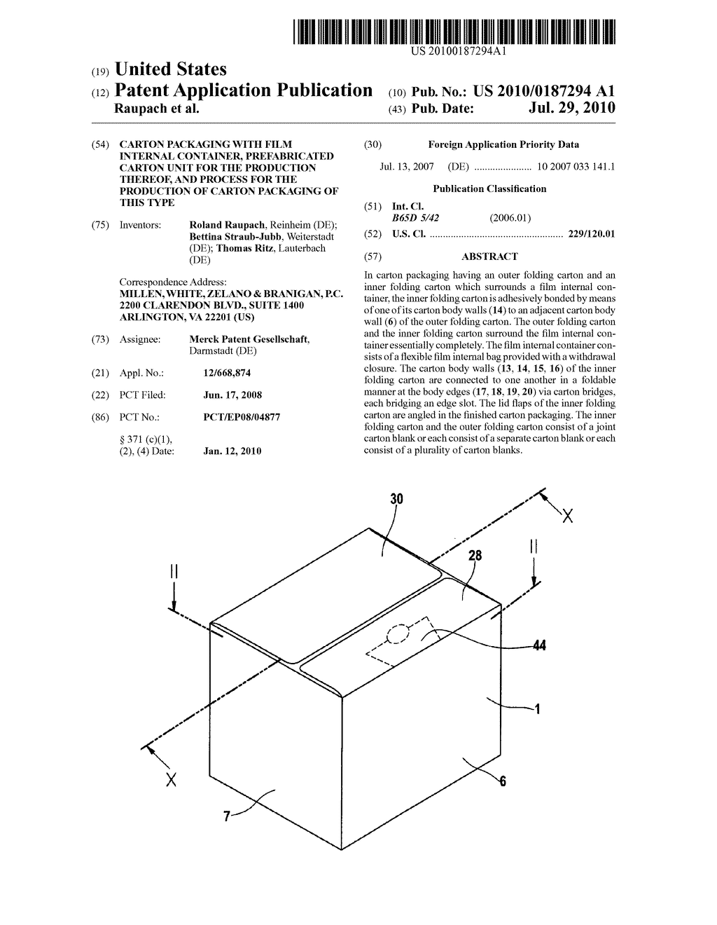 CARTON PACKAGING WITH FILM INTERNAL CONTAINER, PREFABRICATED CARTON UNIT FOR THE PRODUCTION THEREOF, AND PROCESS FOR THE PRODUCTION OF CARTON PACKAGING OF THIS TYPE - diagram, schematic, and image 01