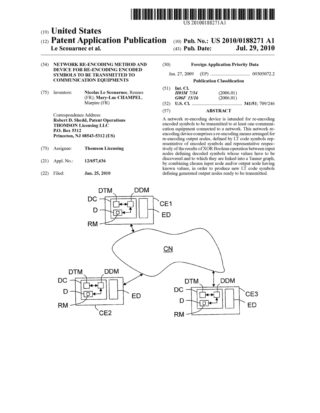 Network re-encoding method and device for re-encoding encoded symbols to be transmitted to communication equipments - diagram, schematic, and image 01