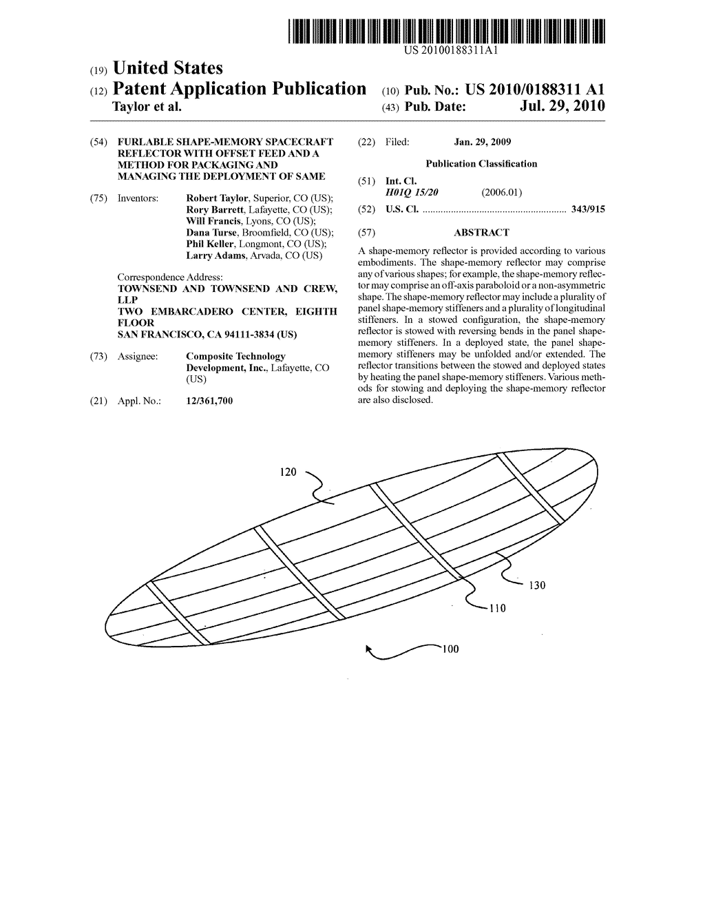 FURLABLE SHAPE-MEMORY SPACECRAFT REFLECTOR WITH OFFSET FEED AND A METHOD FOR PACKAGING AND MANAGING THE DEPLOYMENT OF SAME - diagram, schematic, and image 01