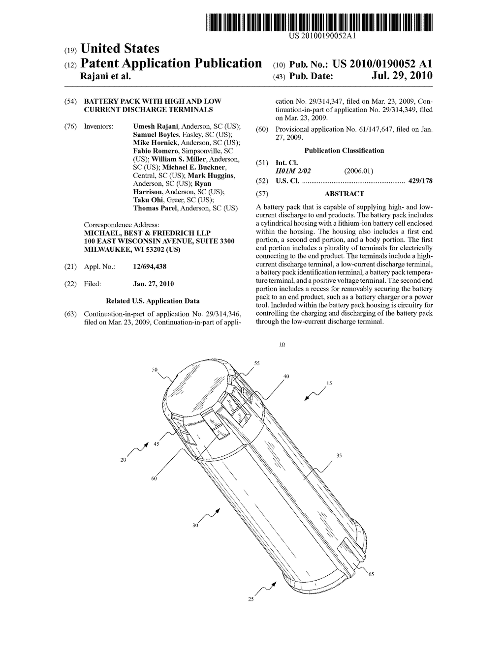 BATTERY PACK WITH HIGH AND LOW CURRENT DISCHARGE TERMINALS - diagram, schematic, and image 01