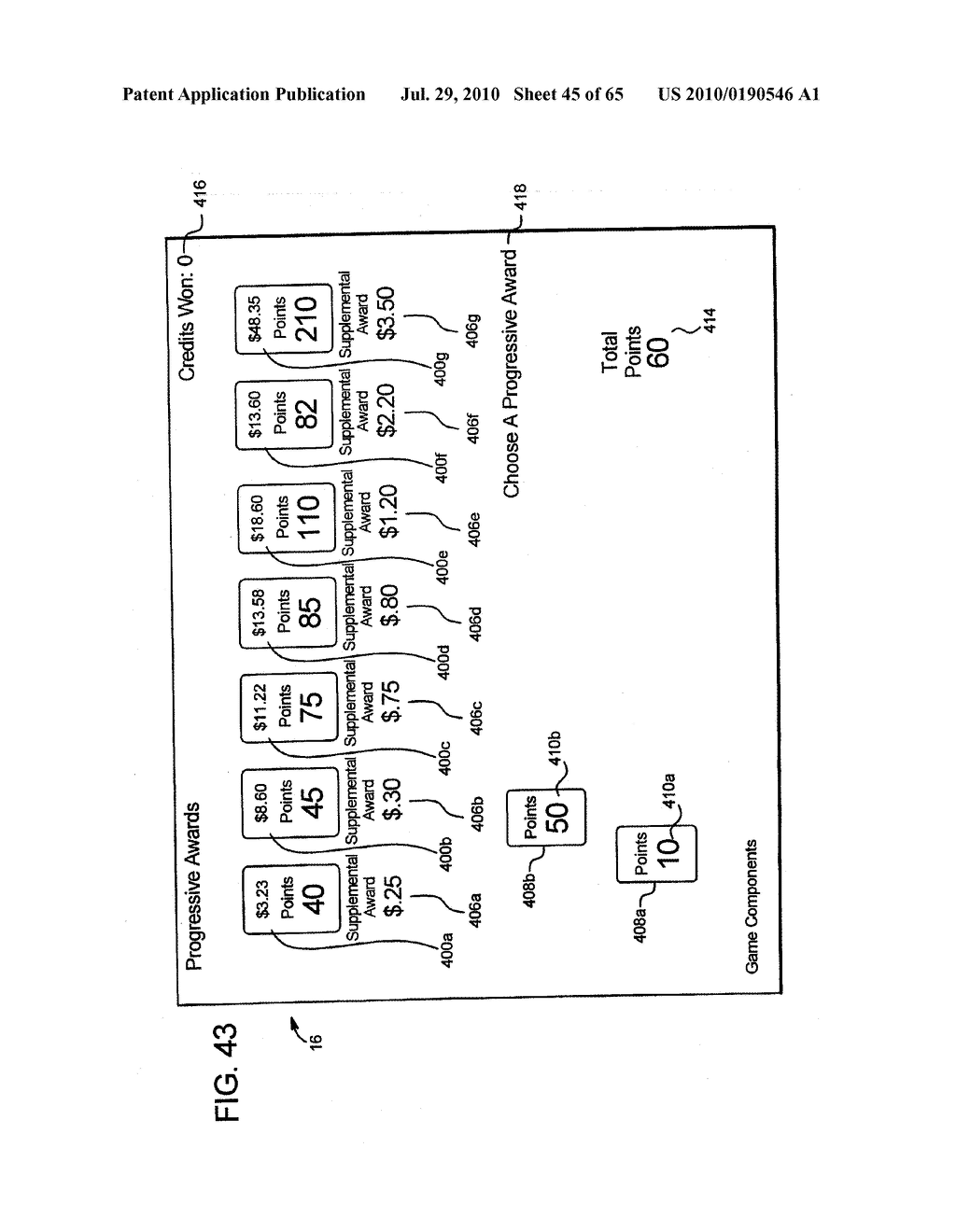 GAMING SYSTEM AND METHOD FOR ENABLING A PLAYER TO SELECT PROGRESSIVE AWARDS TO TRY FOR AND CHANCES OF WINNING PROGRESSIVE AWARDS - diagram, schematic, and image 46