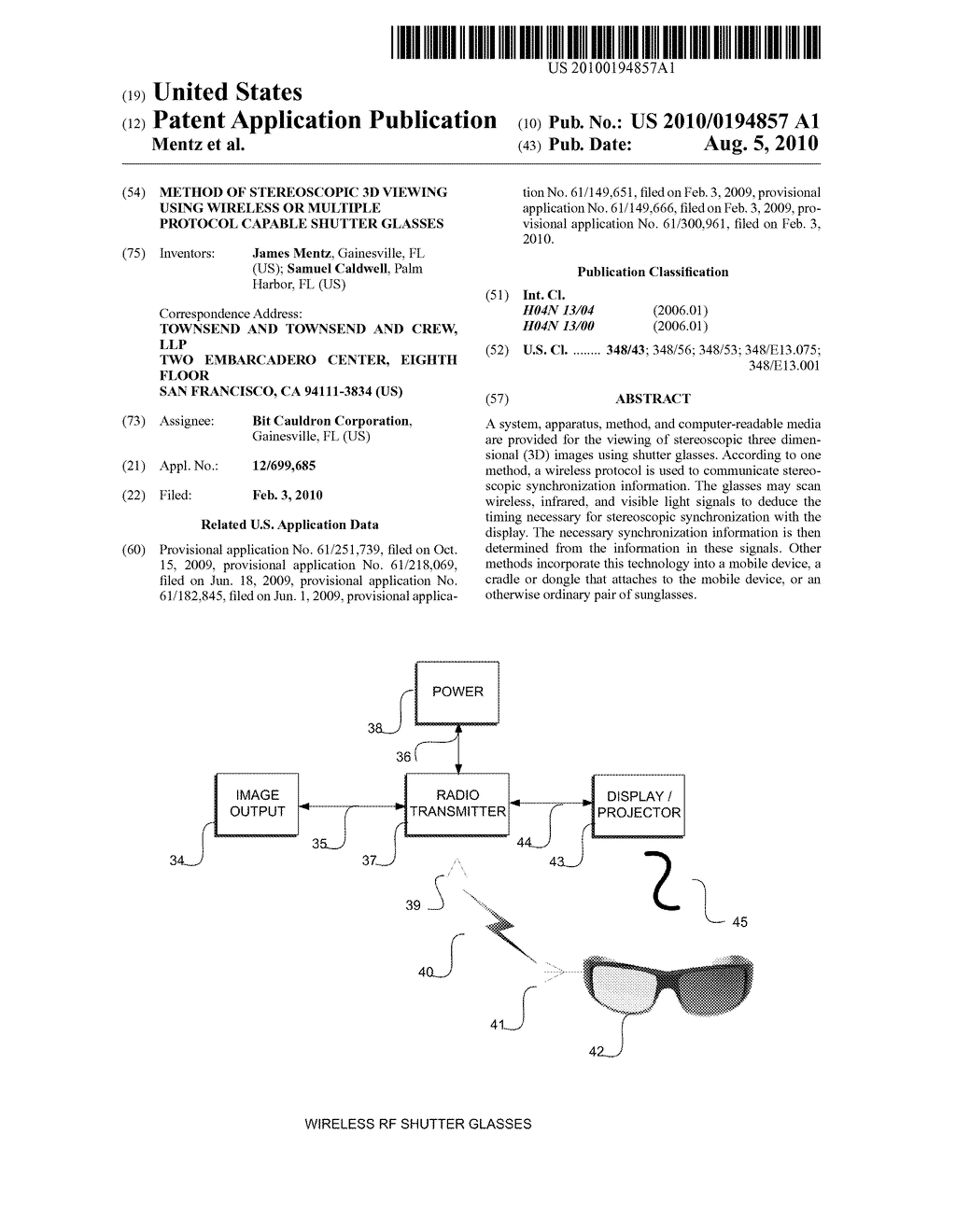 METHOD OF STEREOSCOPIC 3D VIEWING USING WIRELESS OR MULTIPLE PROTOCOL CAPABLE SHUTTER GLASSES - diagram, schematic, and image 01