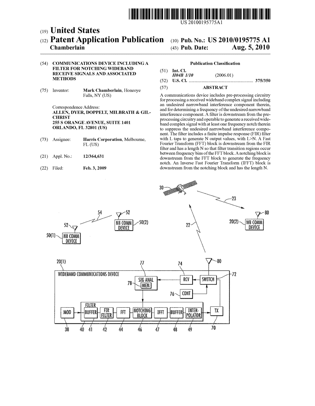 COMMUNICATIONS DEVICE INCLUDING A FILTER FOR NOTCHING WIDEBAND RECEIVE SIGNALS AND ASSOCIATED METHODS - diagram, schematic, and image 01