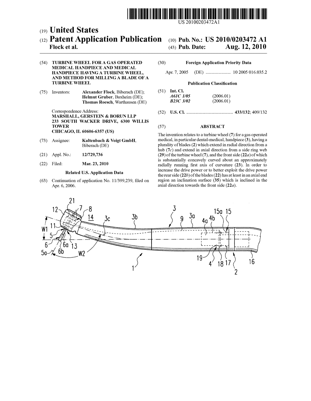 TURBINE WHEEL FOR A GAS OPERATED MEDICAL HANDPIECE AND MEDICAL HANDPIECE HAVING A TURBINE WHEEL, AND METHOD FOR MILLING A BLADE OF A TURBINE WHEEL - diagram, schematic, and image 01