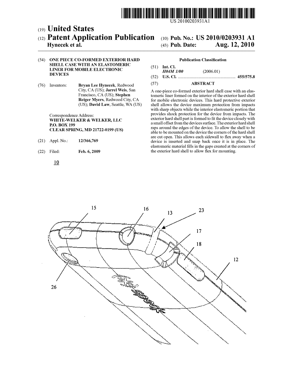 One Piece Co-formed Exterior Hard Shell Case with an Elastomeric Liner for Mobile Electronic Devices - diagram, schematic, and image 01