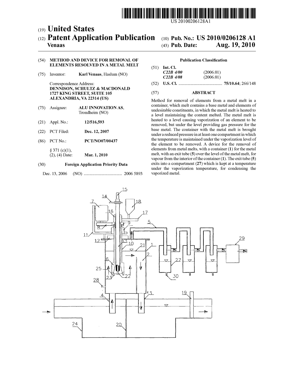 METHOD AND DEVICE FOR REMOVAL OF ELEMENTS RESOLVED IN A METAL MELT - diagram, schematic, and image 01