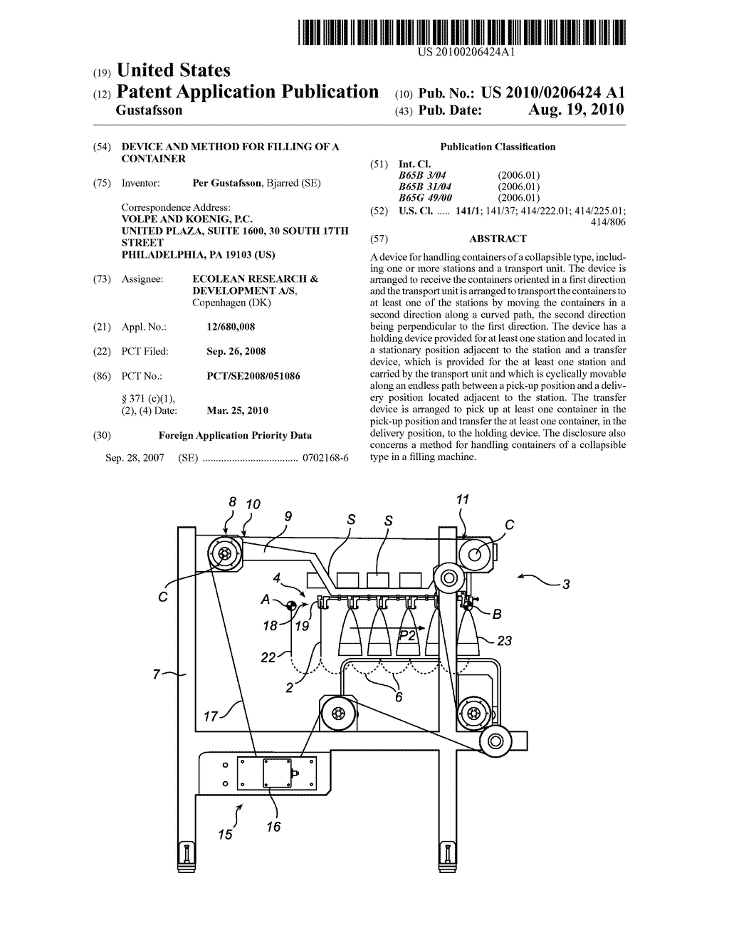 DEVICE AND METHOD FOR FILLING OF A CONTAINER - diagram, schematic, and image 01