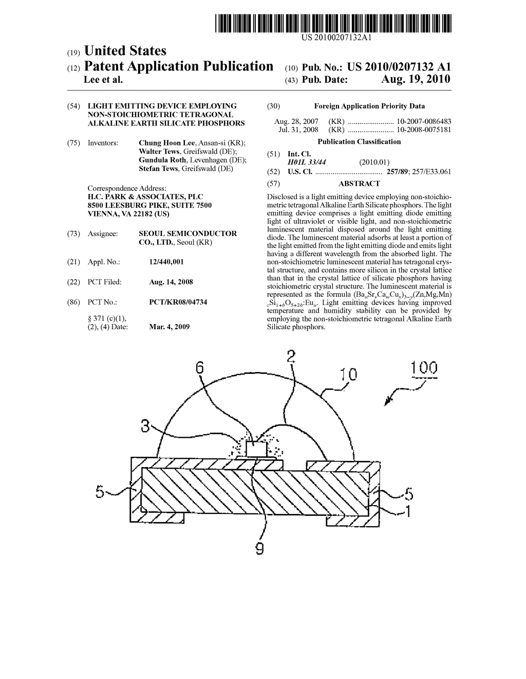 LIGHT EMITTING DEVICE EMPLOYING NON-STOICHIOMETRIC TETRAGONAL ALKALINE EARTH SILICATE PHOSPHORS - diagram, schematic, and image 01