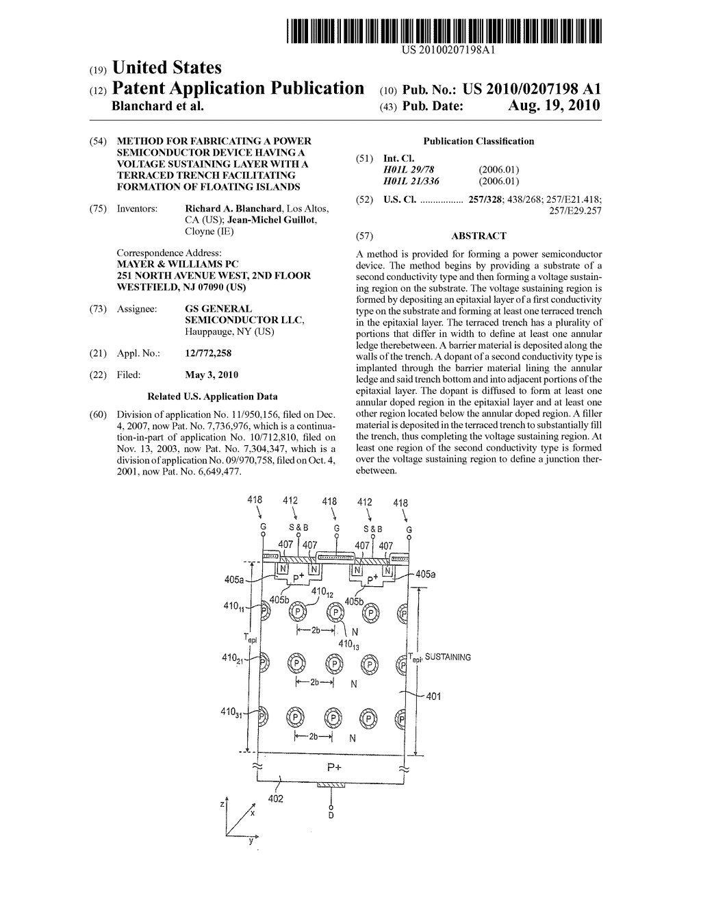 METHOD FOR FABRICATING A POWER SEMICONDUCTOR DEVICE HAVING A VOLTAGE SUSTAINING LAYER WITH A TERRACED TRENCH FACILITATING FORMATION OF FLOATING ISLANDS - diagram, schematic, and image 01