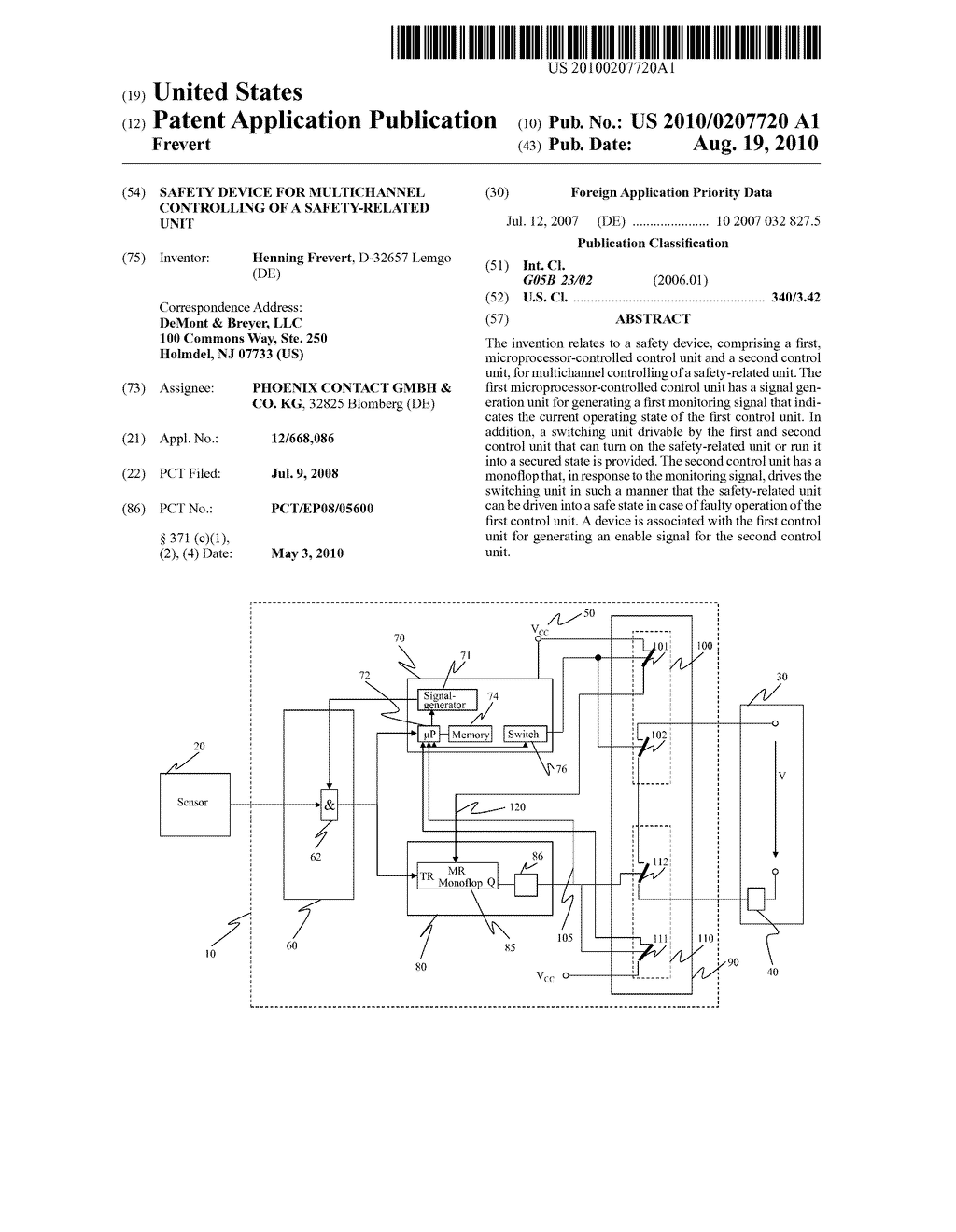 Safety device for multichannel controlling of a safety-related unit - diagram, schematic, and image 01