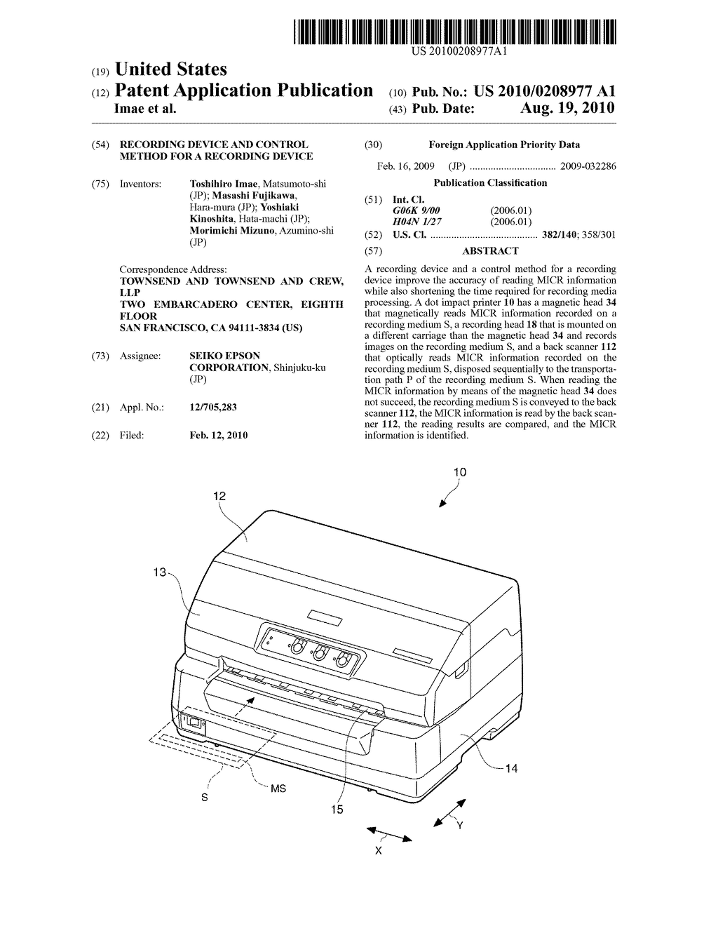 RECORDING DEVICE AND CONTROL METHOD FOR A RECORDING DEVICE - diagram, schematic, and image 01