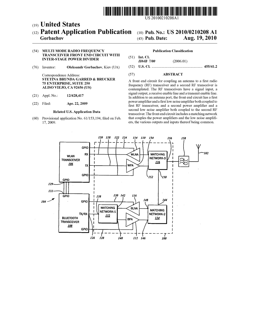 MULTI MODE RADIO FREQUENCY TRANSCEIVER FRONT END CIRCUIT WITH INTER-STAGE POWER DIVIDER - diagram, schematic, and image 01