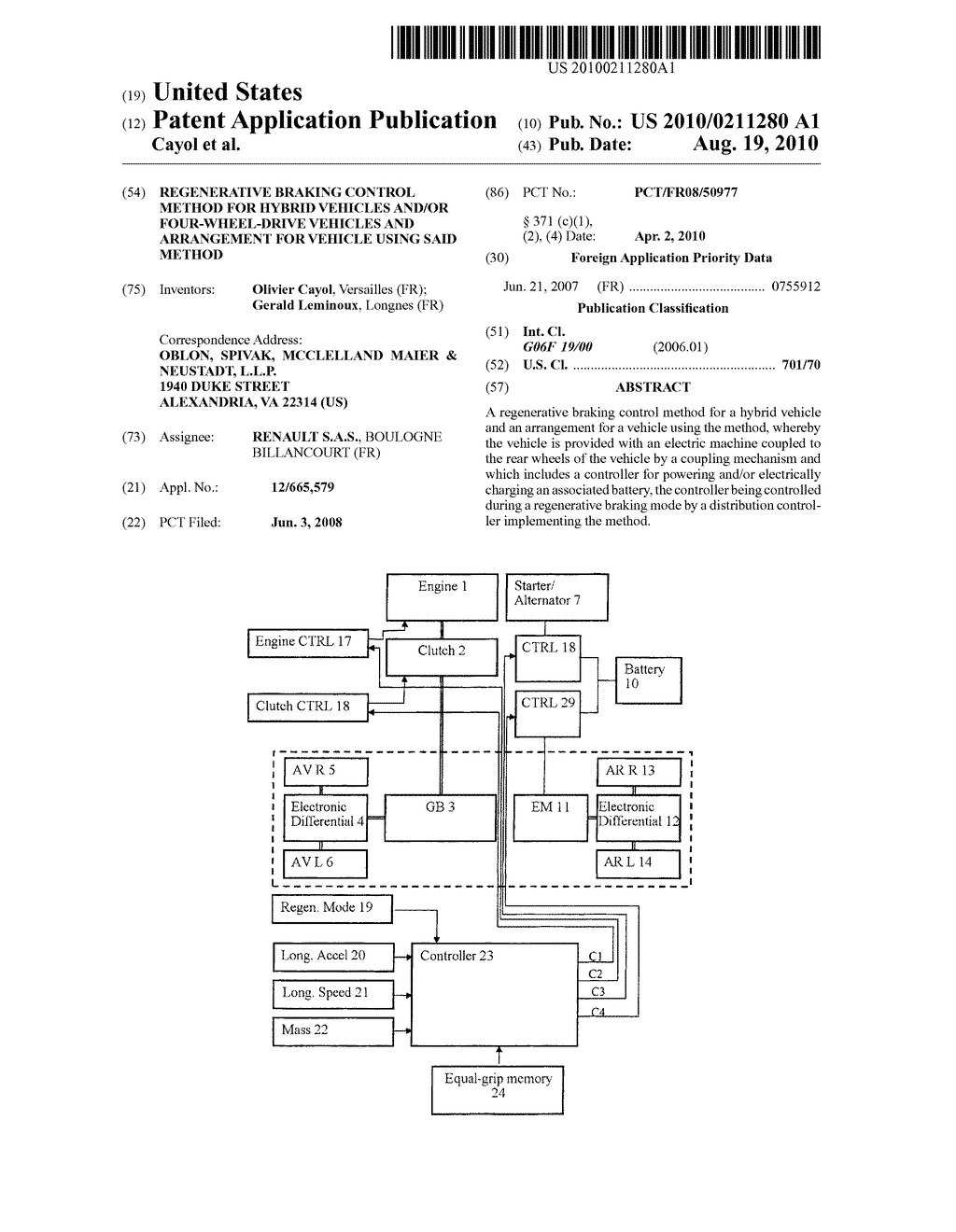 REGENERATIVE BRAKING CONTROL METHOD FOR HYBRID VEHICLES AND/OR FOUR-WHEEL-DRIVE VEHICLES AND ARRANGEMENT FOR VEHICLE USING SAID METHOD - diagram, schematic, and image 01