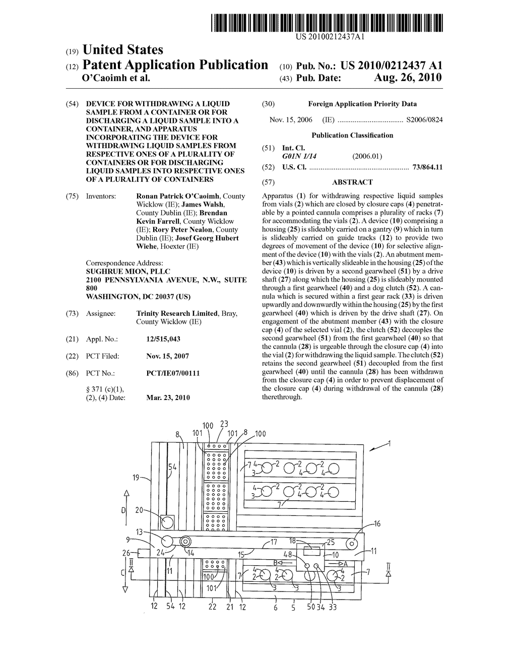  DEVICE FOR WITHDRAWING A LIQUID SAMPLE FROM A CONTAINER OR FOR DISCHARGING A LIQUID SAMPLE INTO A CONTAINER, AND APPARATUS INCORPORATING THE DEVICE FOR WITHDRAWING LIQUID SAMPLES FROM RESPECTIVE ONES OF A PLURALITY OF CONTAINERS OR FOR DISCHARGING LIQUID SAMPLES INTO RESPECTIVE ONES OF A PLURALITY OF CONTAINERS - diagram, schematic, and image 01