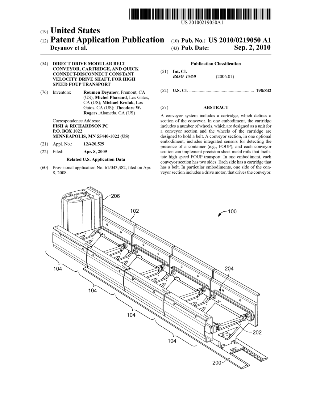 DIRECT DRIVE MODULAR BELT CONVEYOR, CARTRIDGE, AND QUICK CONNECT-DISCONNECT CONSTANT VELOCITY DRIVE SHAFT, FOR HIGH SPEED FOUP TRANSPORT - diagram, schematic, and image 01