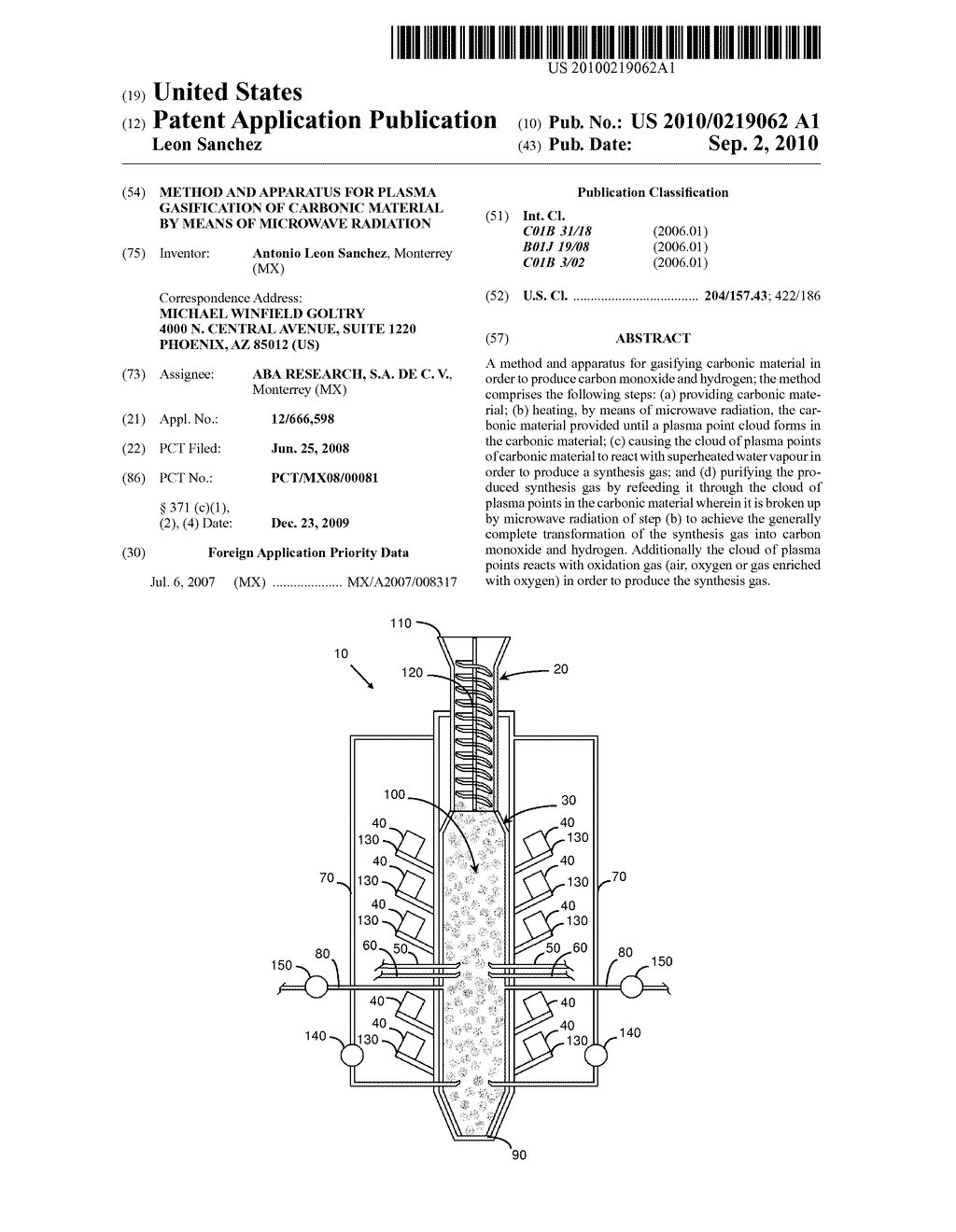 METHOD AND APPARATUS FOR PLASMA GASIFICATION OF CARBONIC MATERIAL BY MEANS OF MICROWAVE RADIATION - diagram, schematic, and image 01