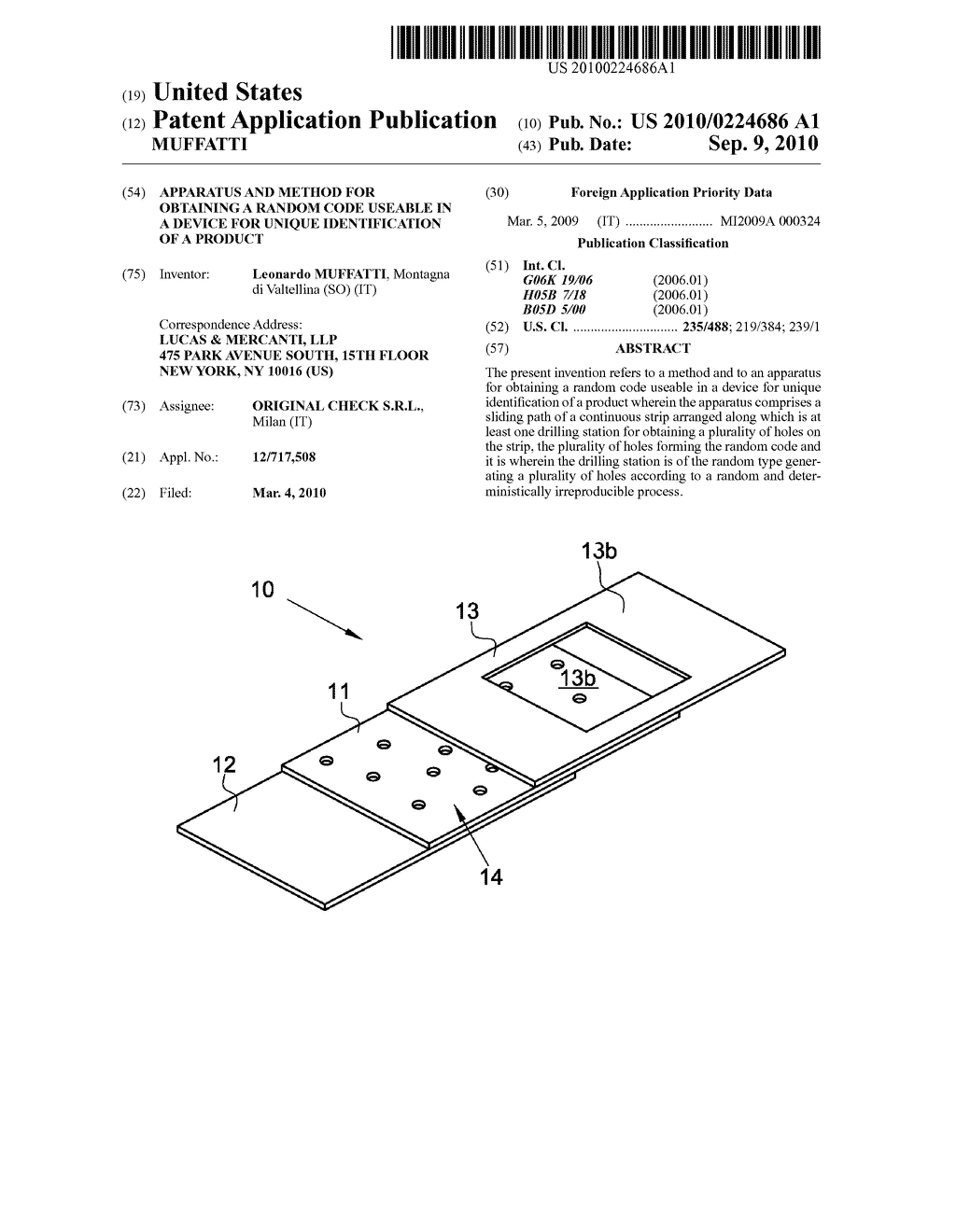 APPARATUS AND METHOD FOR OBTAINING A RANDOM CODE USEABLE IN A DEVICE FOR UNIQUE IDENTIFICATION OF A PRODUCT - diagram, schematic, and image 01