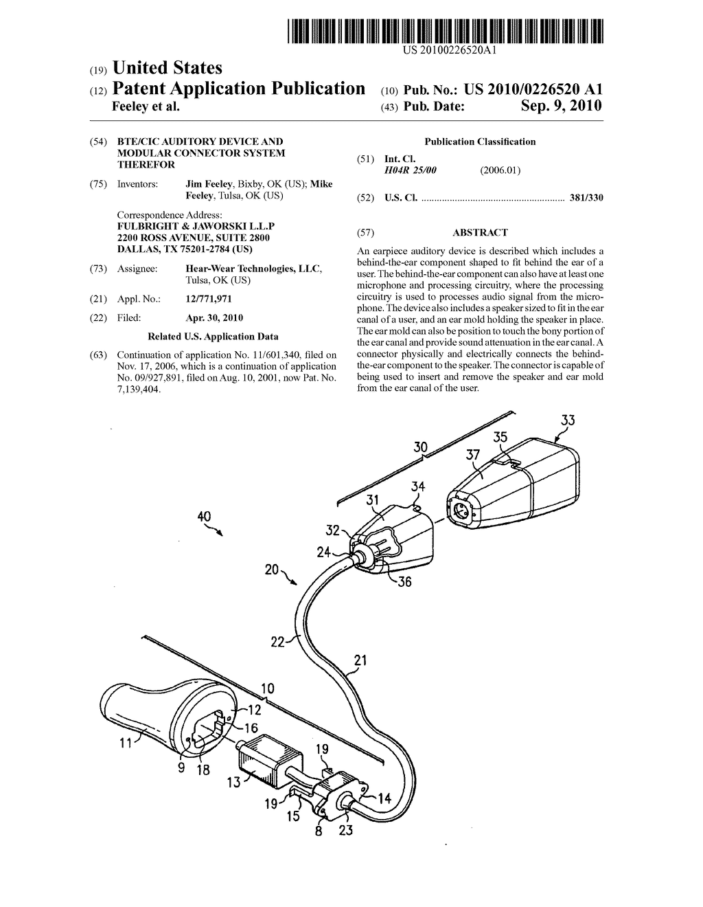 BTE/CIC Auditory Device and Modular Connector System Therefor - diagram, schematic, and image 01