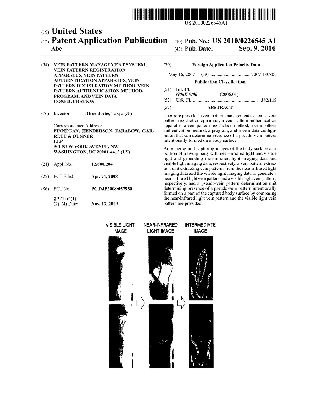 VEIN PATTERN MANAGEMENT SYSTEM, VEIN PATTERN REGISTRATION APPARATUS, VEIN PATTERN AUTHENTICATION APPARATUS, VEIN PATTERN REGISTRATION METHOD, VEIN PATTERN AUTHENTICATION METHOD, PROGRAM, AND VEIN DATA CONFIGURATION - diagram, schematic, and image 01