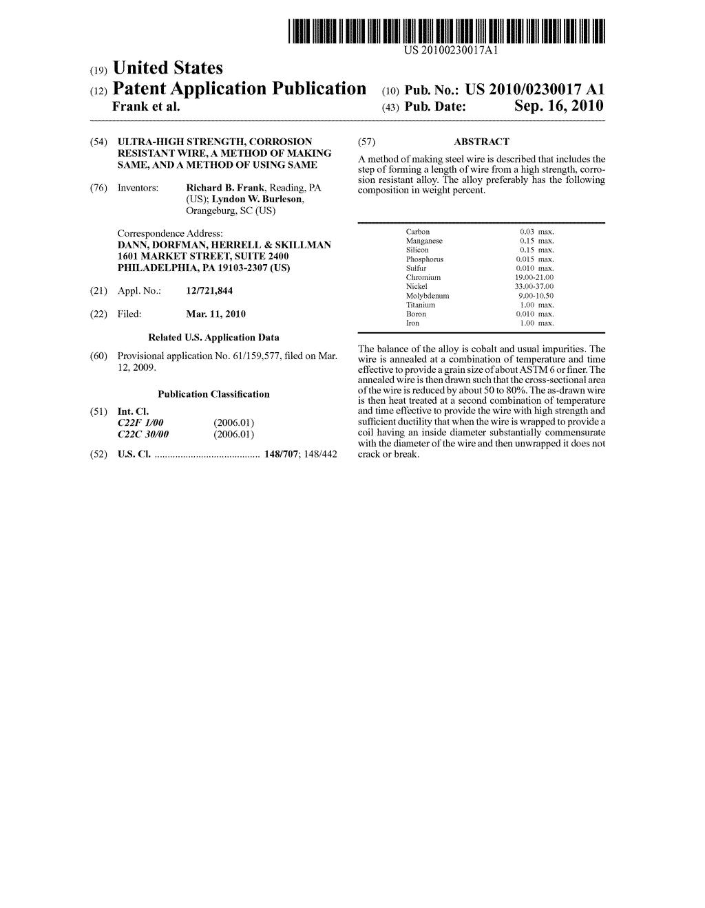 Ultra-High Strength, Corrosion Resistant Wire, a Method of Making Same, and a Method of Using Same - diagram, schematic, and image 01