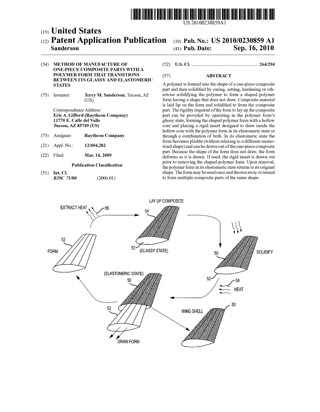 METHOD OF MANUFACTURE OF ONE-PIECE COMPOSITE PARTS WITH A POLYMER FORM THAT TRANSITIONS BETWEEN ITS GLASSY AND ELASTOMERIC STATES - diagram, schematic, and image 01