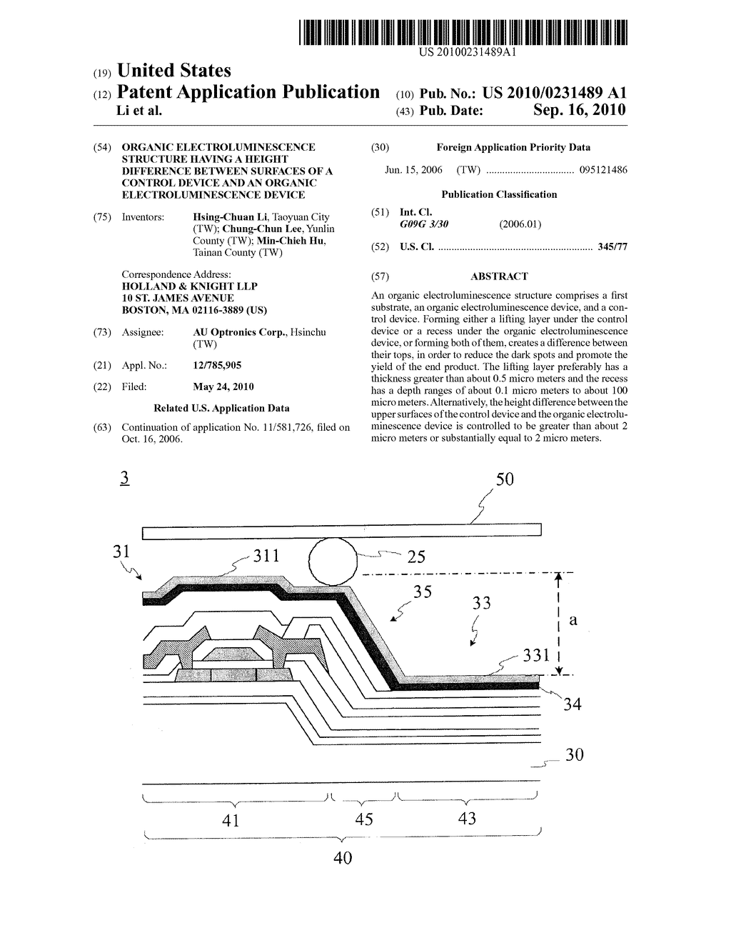 ORGANIC ELECTROLUMINESCENCE STRUCTURE HAVING A HEIGHT DIFFERENCE BETWEEN SURFACES OF A CONTROL DEVICE AND AN ORGANIC ELECTROLUMINESCENCE DEVICE - diagram, schematic, and image 01