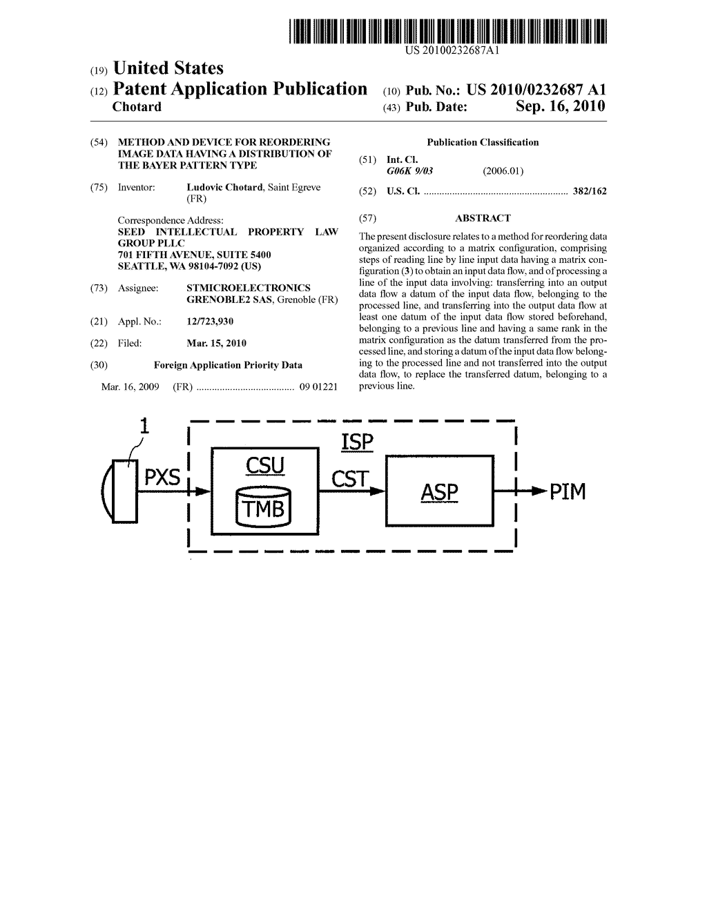 METHOD AND DEVICE FOR REORDERING IMAGE DATA HAVING A DISTRIBUTION OF THE BAYER PATTERN TYPE - diagram, schematic, and image 01