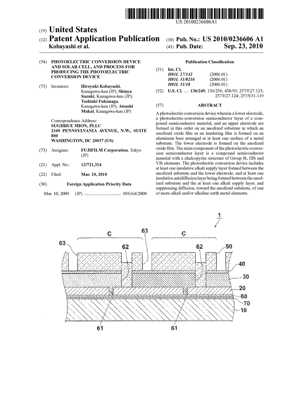 PHOTOELECTRIC CONVERSION DEVICE AND SOLAR CELL, AND PROCESS FOR PRODUCING THE PHOTOELECTRIC CONVERSION DEVICE - diagram, schematic, and image 01