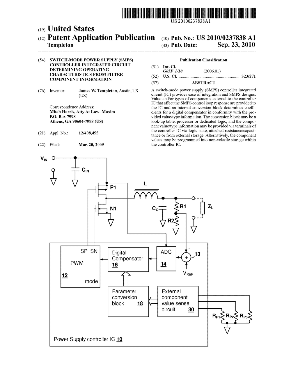 SWITCH-MODE POWER SUPPLY (SMPS) CONTROLLER INTEGRATED CIRCUIT DETERMINING OPERATING CHARACTERISTICS FROM FILTER COMPONENT INFORMATION - diagram, schematic, and image 01