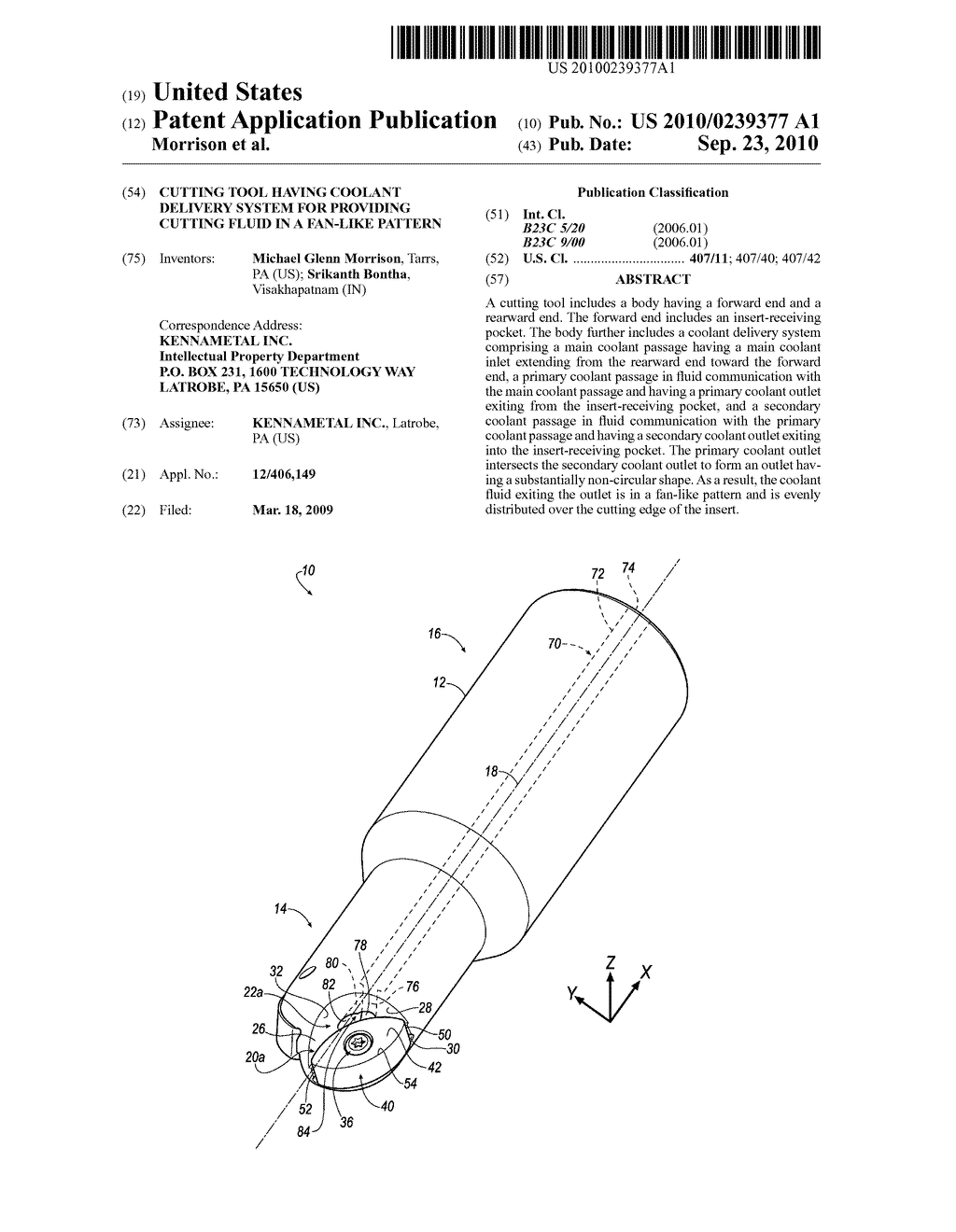 CUTTING TOOL HAVING COOLANT DELIVERY SYSTEM FOR PROVIDING CUTTING FLUID IN A FAN-LIKE PATTERN - diagram, schematic, and image 01