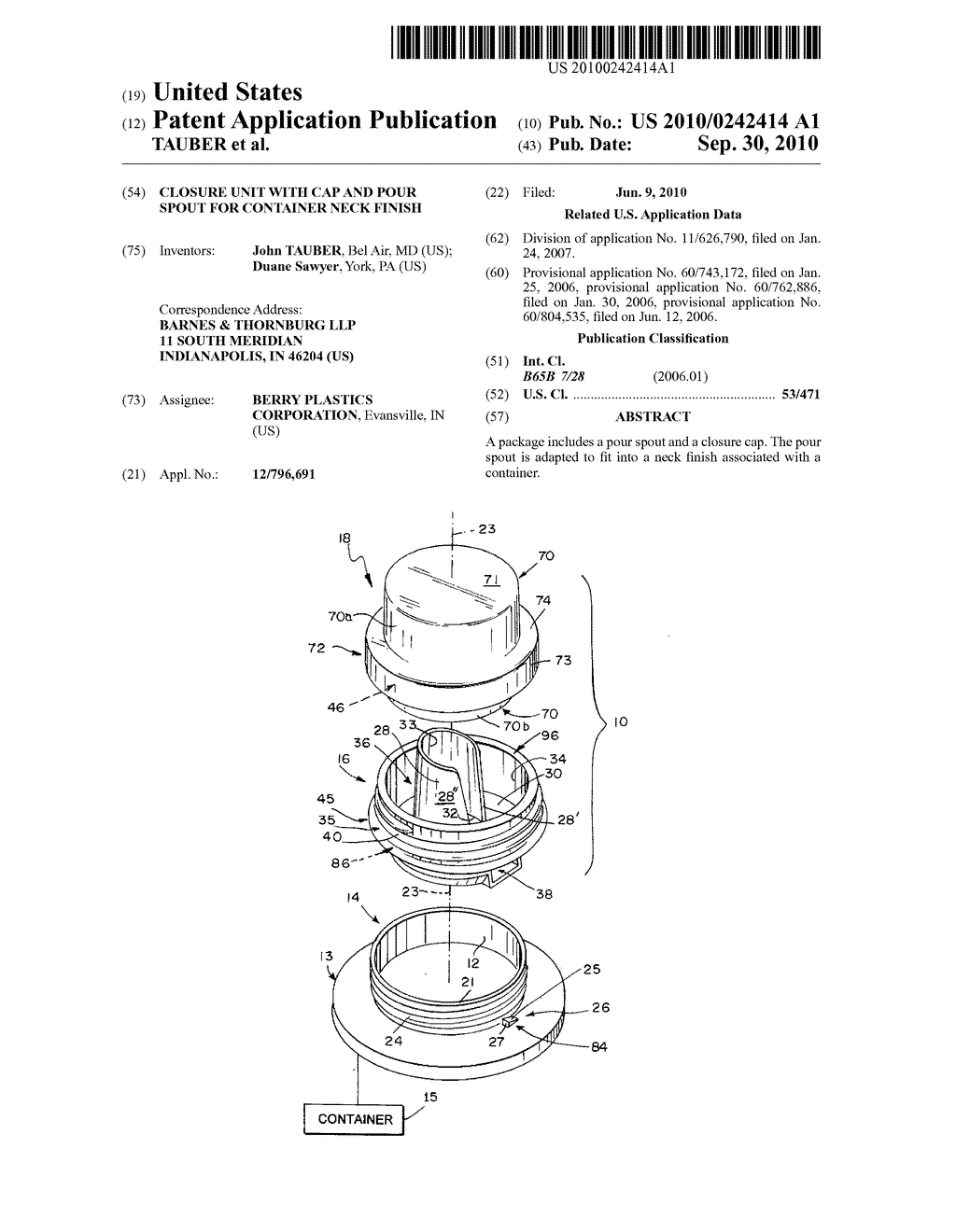 CLOSURE UNIT WITH CAP AND POUR SPOUT FOR CONTAINER NECK FINISH - diagram, schematic, and image 01