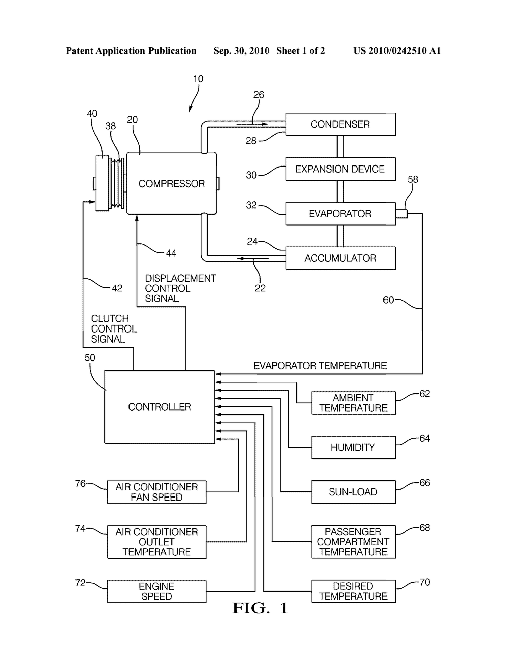 Air Conditioner System Having an Externally Controlled Variable Displacement Compressor and a Clutch and Method of Operating the Same - diagram, schematic, and image 02