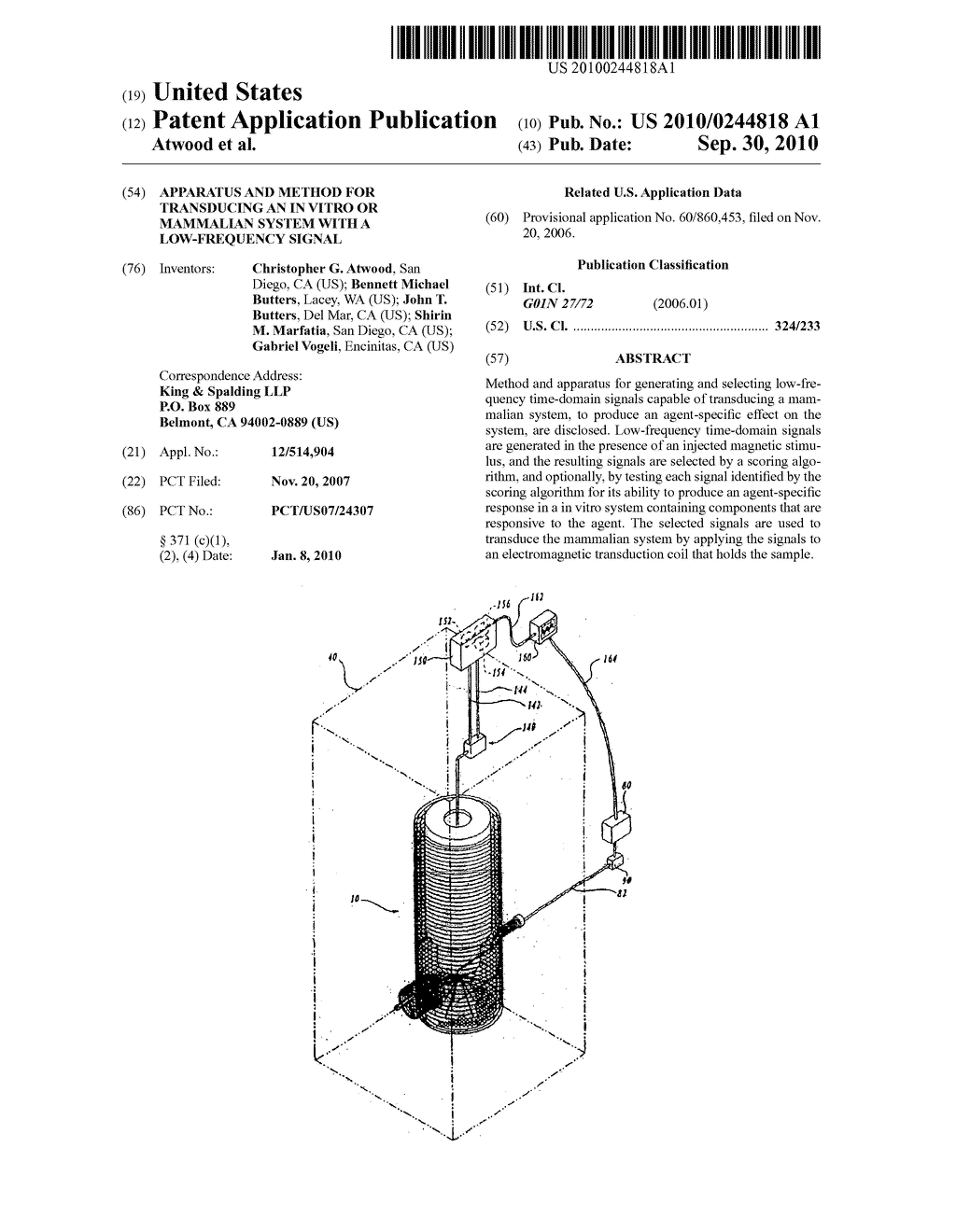 APPARATUS AND METHOD FOR TRANSDUCING AN IN VITRO OR MAMMALIAN SYSTEM WITH A LOW-FREQUENCY SIGNAL - diagram, schematic, and image 01