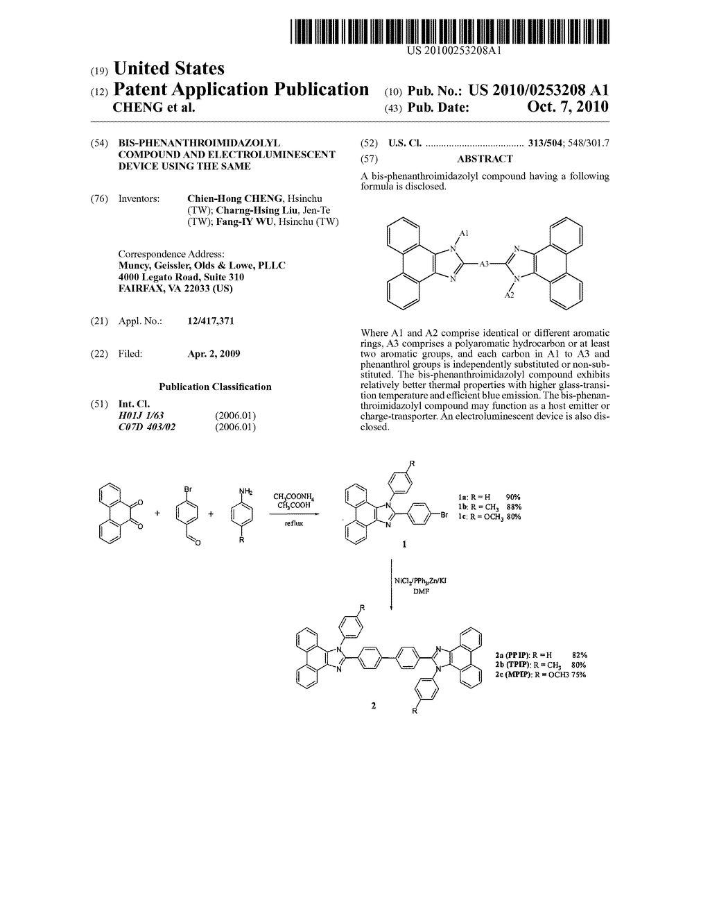 BIS-PHENANTHROIMIDAZOLYL COMPOUND AND ELECTROLUMINESCENT DEVICE USING THE SAME - diagram, schematic, and image 01