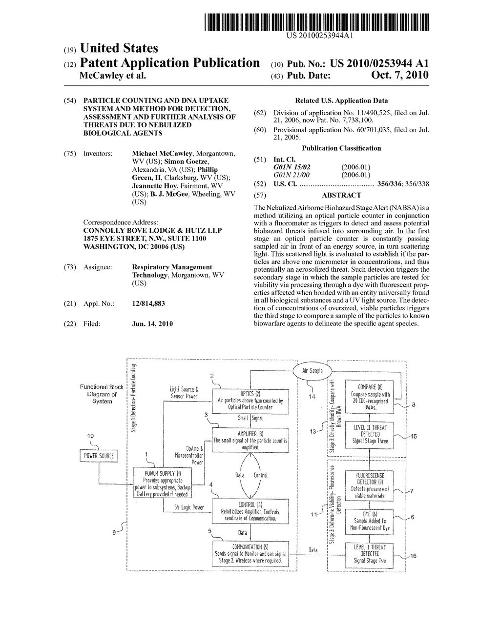 PARTICLE COUNTING AND DNA UPTAKE SYSTEM AND METHOD FOR DETECTION, ASSESSMENT AND FURTHER ANALYSIS OF THREATS DUE TO NEBULIZED BIOLOGICAL AGENTS - diagram, schematic, and image 01