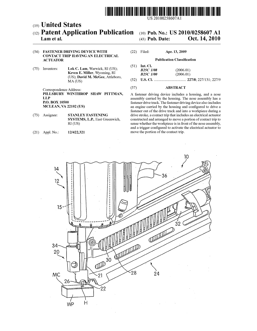 FASTENER DRIVING DEVICE WITH CONTACT TRIP HAVING AN ELECTRICAL ACTUATOR - diagram, schematic, and image 01