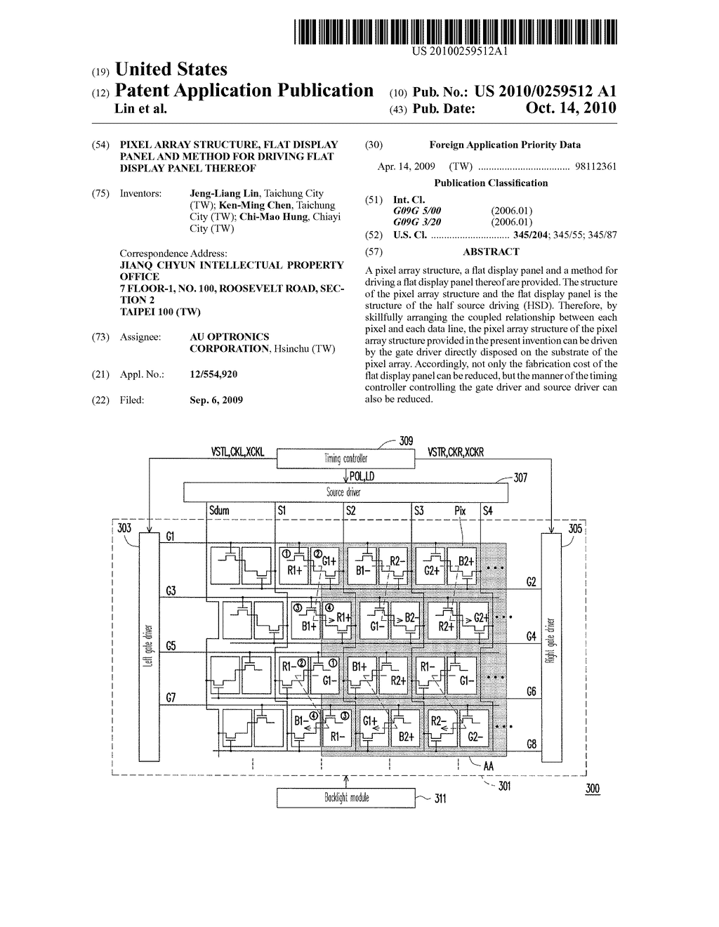 PIXEL ARRAY STRUCTURE, FLAT DISPLAY PANEL AND METHOD FOR DRIVING FLAT DISPLAY PANEL THEREOF - diagram, schematic, and image 01