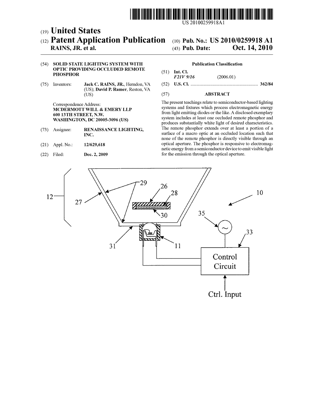 SOLID STATE LIGHTING SYSTEM WITH OPTIC PROVIDING OCCLUDED REMOTE PHOSPHOR - diagram, schematic, and image 01