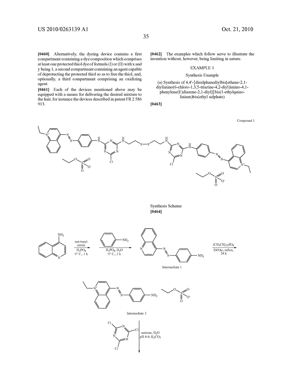 AZO QUINOLINIUM COMPOUNDS COMPRISING A DISULPHIDE/THIOL UNIT, COMPOSITIONS CONTAINING SAME, PROCESS FOR DYEING KERATIN FIBRES AND DEVICE - diagram, schematic, and image 36