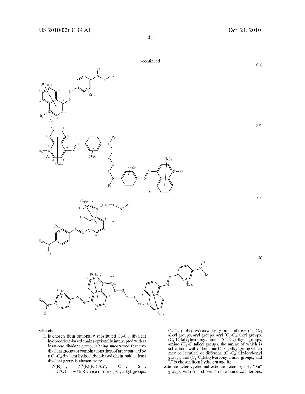 AZO QUINOLINIUM COMPOUNDS COMPRISING A DISULPHIDE/THIOL UNIT, COMPOSITIONS CONTAINING SAME, PROCESS FOR DYEING KERATIN FIBRES AND DEVICE - diagram, schematic, and image 42