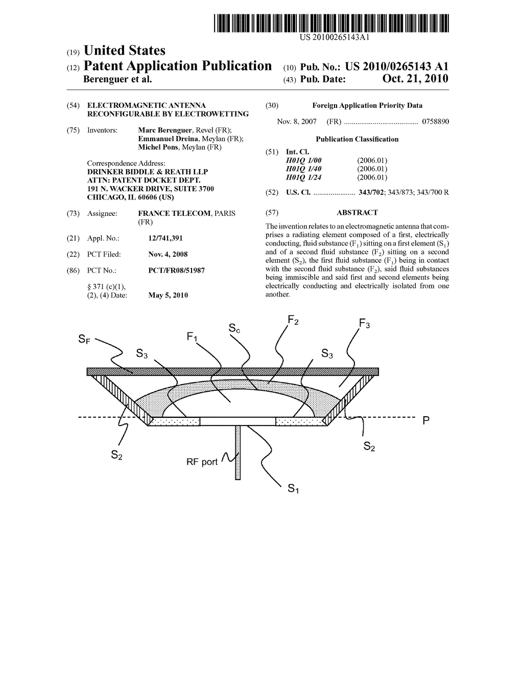 ELECTROMAGNETIC ANTENNA RECONFIGURABLE BY ELECTROWETTING - diagram, schematic, and image 01