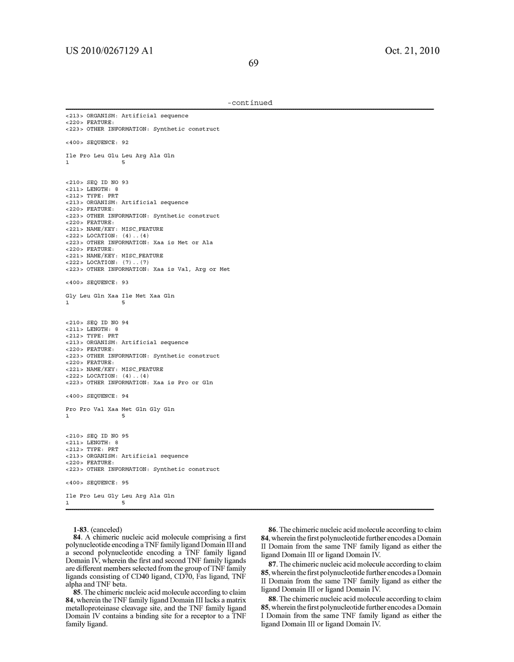 CHIMERIC NUCLEIC ACIDS ENCODING POLYPEPTIDES COMPRISING DOMAINS OF TNF FAMILY LIGANDS - diagram, schematic, and image 100