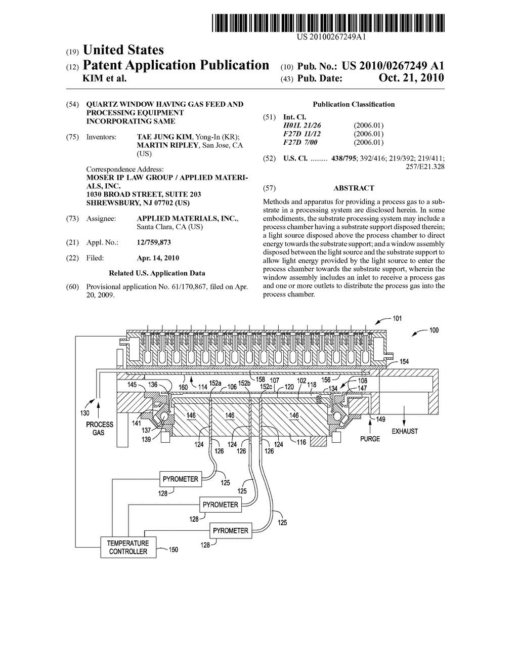 QUARTZ WINDOW HAVING GAS FEED AND PROCESSING EQUIPMENT INCORPORATING SAME - diagram, schematic, and image 01