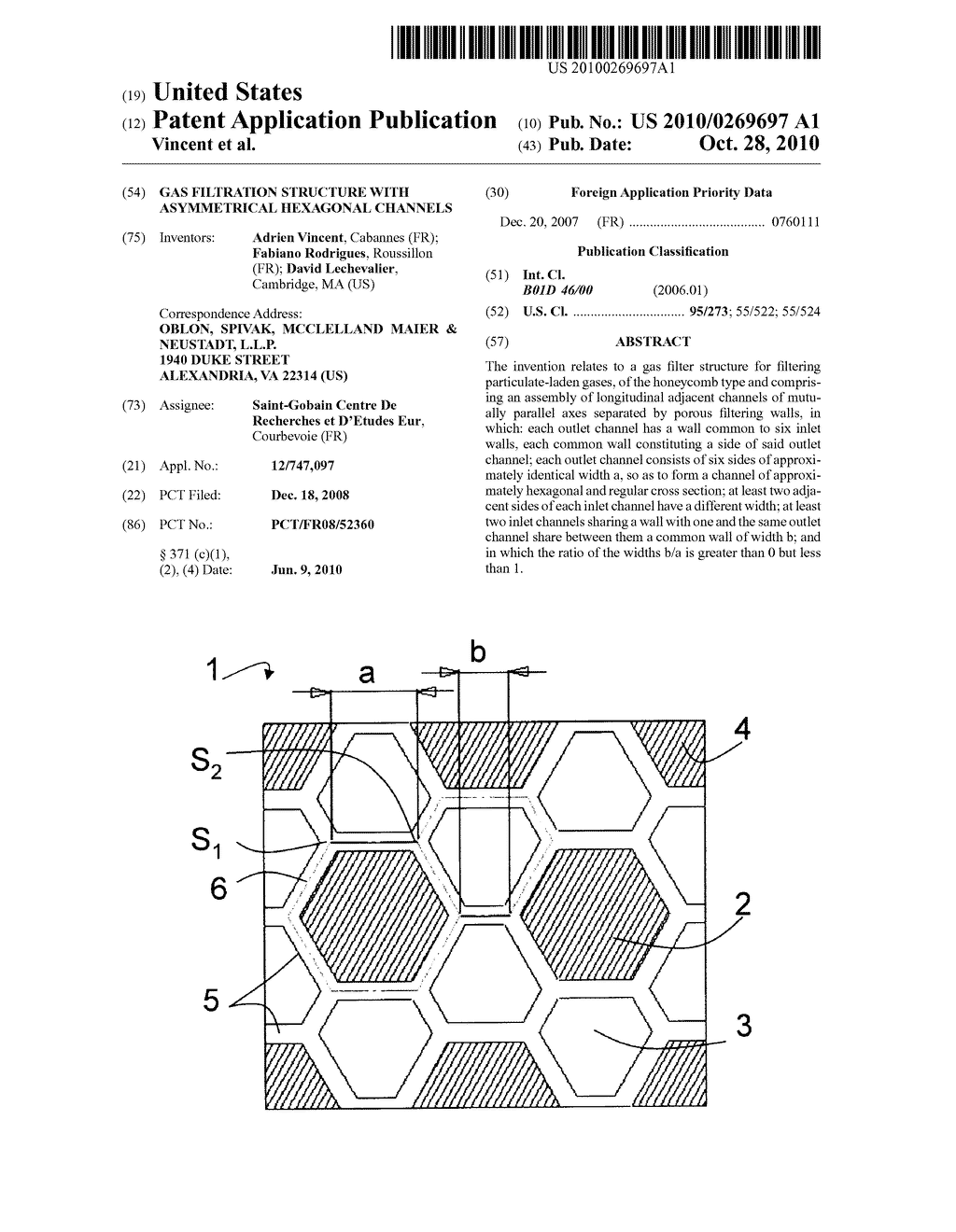 GAS FILTRATION STRUCTURE WITH ASYMMETRICAL HEXAGONAL CHANNELS - diagram, schematic, and image 01