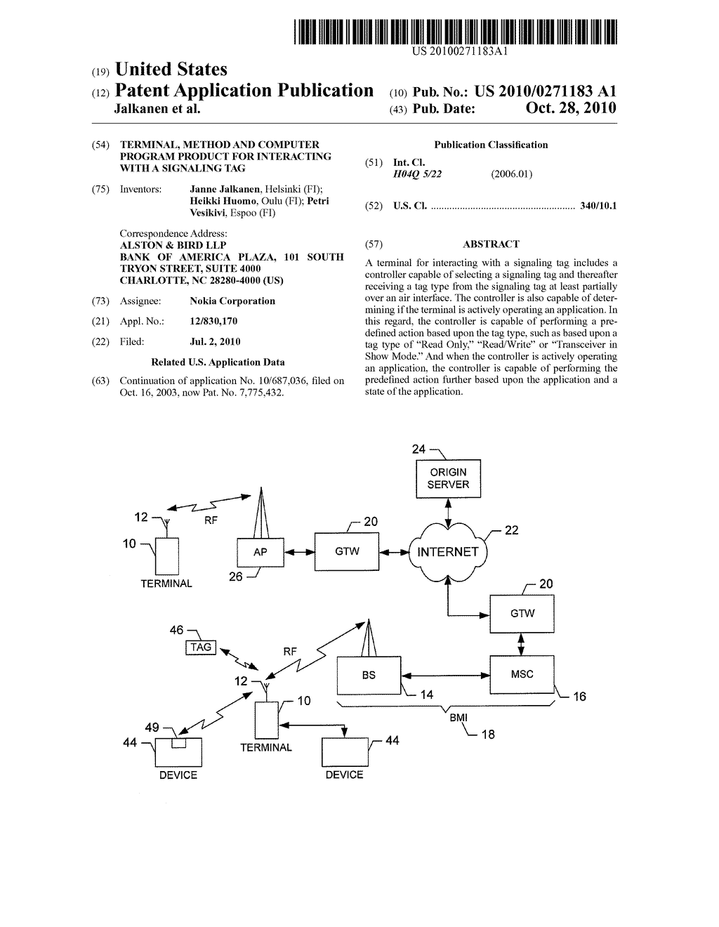 TERMINAL, METHOD AND COMPUTER PROGRAM PRODUCT FOR INTERACTING WITH A SIGNALING TAG - diagram, schematic, and image 01