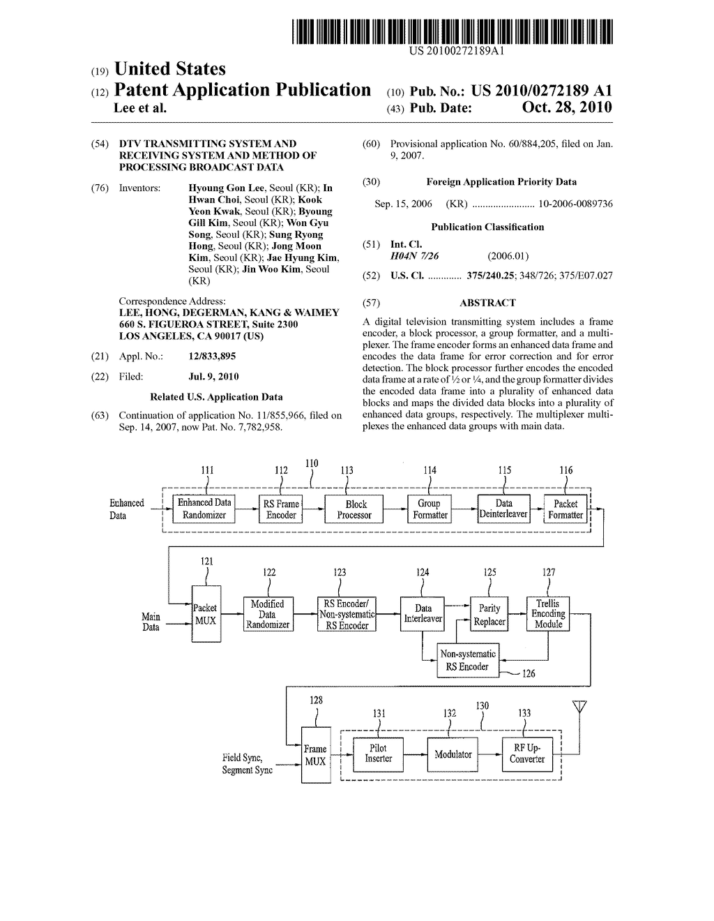 DTV TRANSMITTING SYSTEM AND RECEIVING SYSTEM AND METHOD OF PROCESSING BROADCAST DATA - diagram, schematic, and image 01