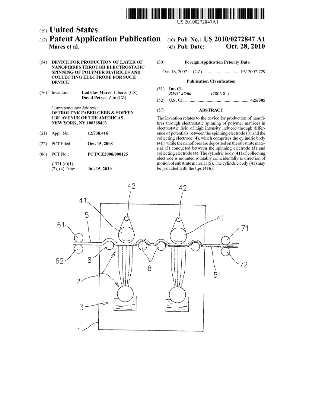 Device for Production of Layer of Nanofibres through Electrostatic Spinning of Polymer Matrices and Collecting Electrode for Such Device - diagram, schematic, and image 01