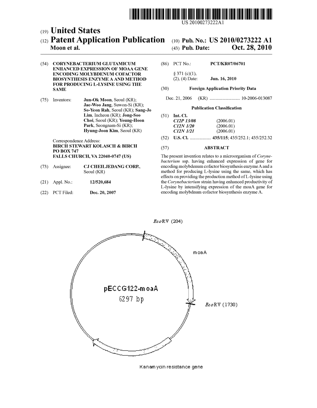 CORYNEBACTERIUM GLUTAMICUM ENHANCED EXPRESSION OF MOAA GENE ENCODING MOLYBDENUM COFACTOR BIOSYNTHESIS ENZYME A AND METHOD FOR PRODUCING L-LYSINE USING THE SAME - diagram, schematic, and image 01