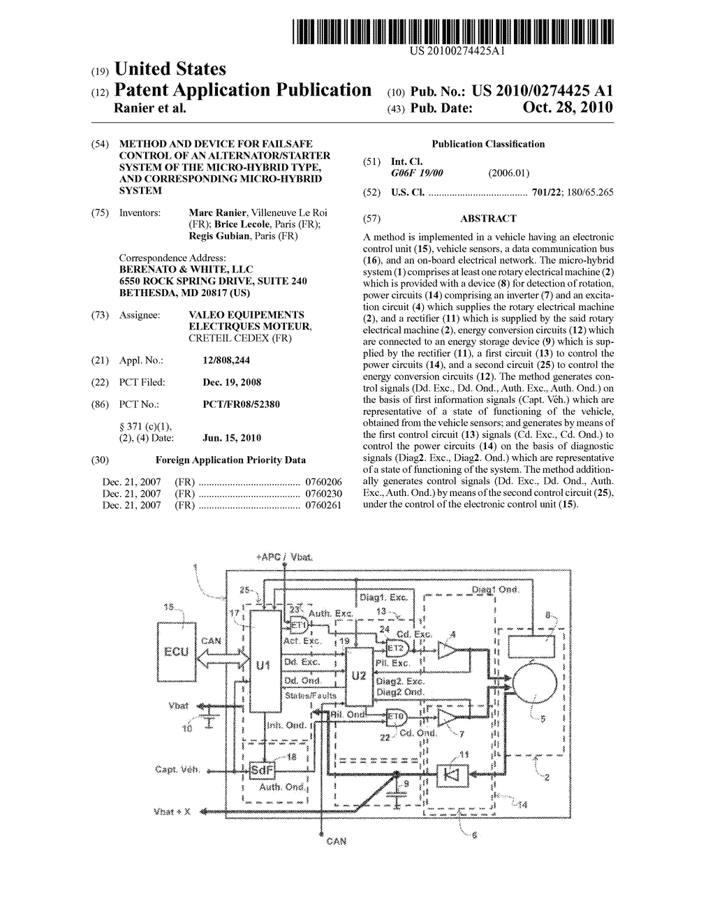 METHOD AND DEVICE FOR FAILSAFE CONTROL OF AN ALTERNATOR/STARTER SYSTEM OF THE MICRO-HYBRID TYPE, AND CORRESPONDING MICRO-HYBRID SYSTEM - diagram, schematic, and image 01